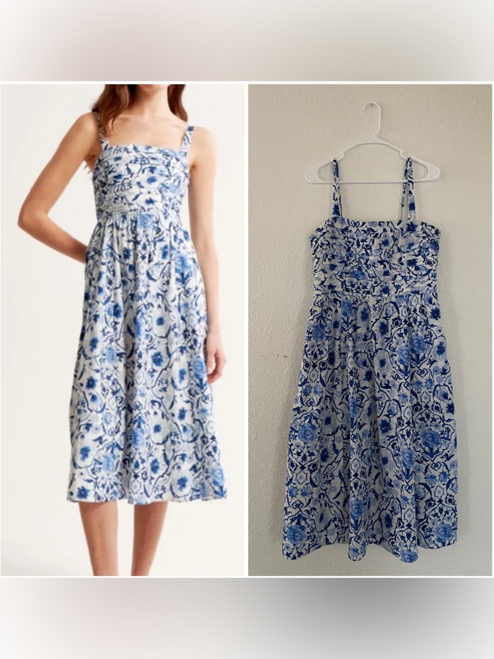 Abercrombie & Fitch Emerson Poplin Blue and White FloralWide Strap Midi SunDress